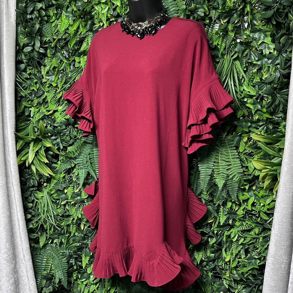 GARCIA Dress Women Medium Red Ruffle Pleated Round Neckline Shift‎ Cocktail 2794
